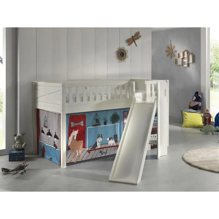 Lit Mezzanine Toboggan et Rideau Pet Shop - VIPACK - Scott - 1 place - 90x200 cm - Bois massif-2