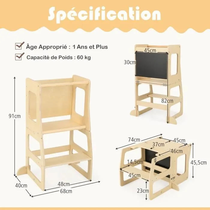 COSTWAY Tour d'Apprentissage Montessori en Bois Evolutive 3 en 1-Tableau à Craie-Tabouret Bureau-Marches Antidérapantes-12 Mois-60KG-3