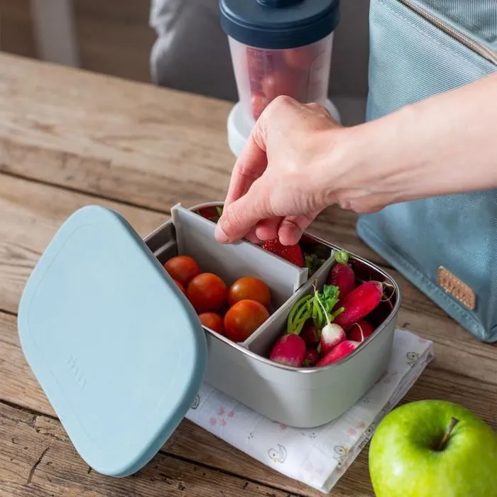 BEABA, Boîte repas enfant en inox, couvercle en silicone et housse de protection, Gris velours et bleu-3