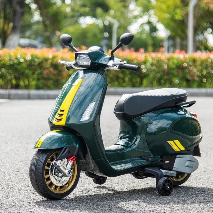 Scooter électrique enfant AIYAPLAY Vespa 6 V dim. 107L x 47l x 73H cm Musique MP3 Port USB Phare 2 roulettes, pour 3-6 ans, Vert-2