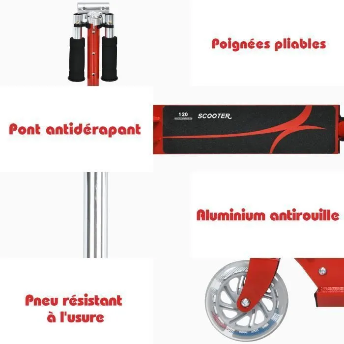 COSTWAY Trottinette Enfant Pliable 2 Roues LED Clignotantes Hauteur Ajustable Charge Max 70kg Enfant de 4 à 14 Ans Patinette Rouge-2