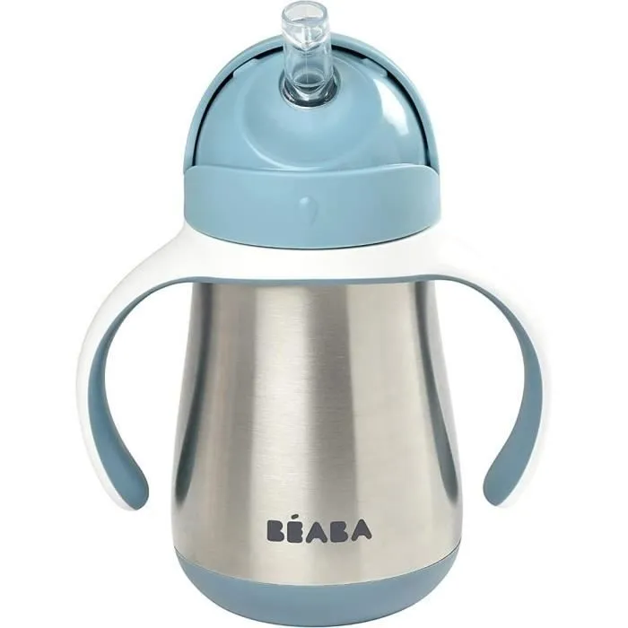 BEABA, Biberon/Tasse d'apprentissage /Gourde Bébé 2 en 1 Inox, Tasse Paille Enfant, 100% étanche, Anti-fuite, 250ml, Bleu-2