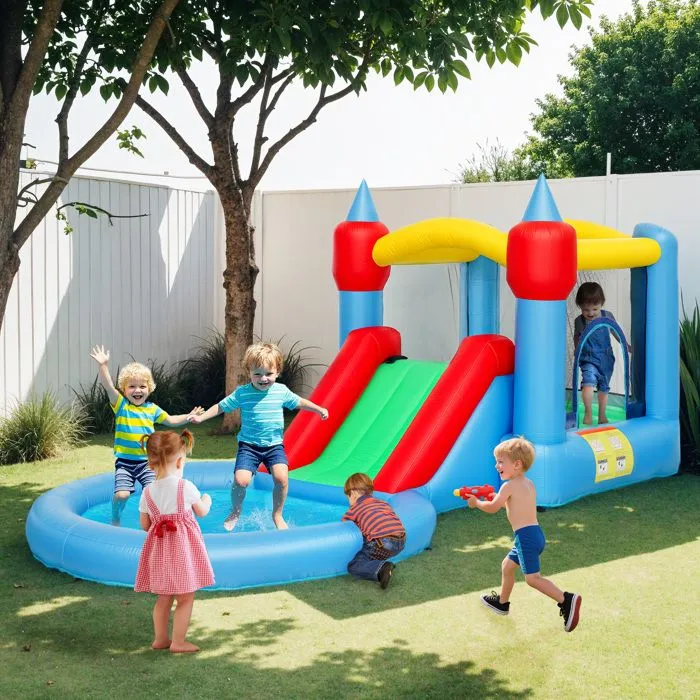 Château gonflable 4 en 1 - AIYAPLAY - toboggan, panier de basket, piscine à balles - souffleur 370W - 415 x 205 x 190 cm-1