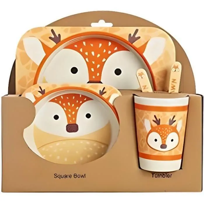 5 Pièces Coffret Vaisselle Repas Bébé  Jeu de vaisselles en Bambou La Fibre De Bambou Vaisselle pour Enfants-Fauve-0