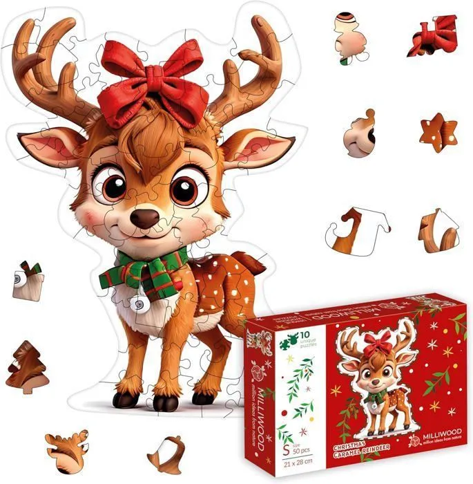 Puzzles en bois, motif Noël, série Christmas, 25x31 cm, 50 pièces, kit Caramel Reindeer - Miliwood-1