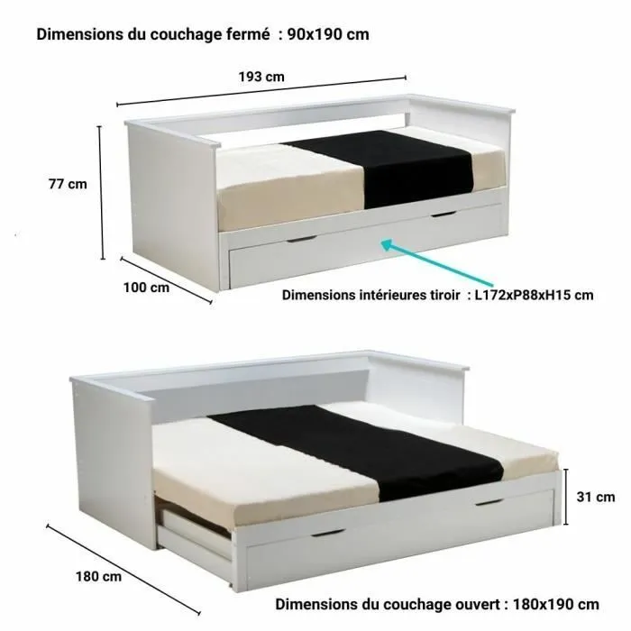 Lit gigogne ALFIO - 2 couchages 90x190 cm - Laqué blanc - Avec tiroirs - Montage facile-3