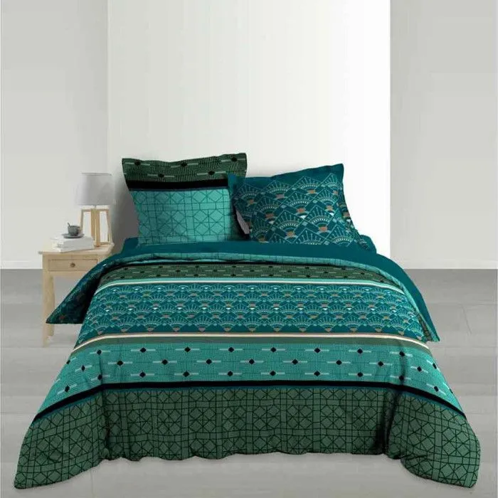 Housse de couette - Percale - Graphique - Bleu canard et vert - 260 x 240 cm - 3 pièces-0