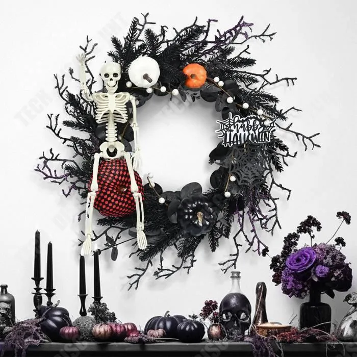 TD® Couronne de tête de mort pour Halloween 50*50*13cm Support de crâne simulé Gothique sombre Couronne de décoration pour Halloween-3