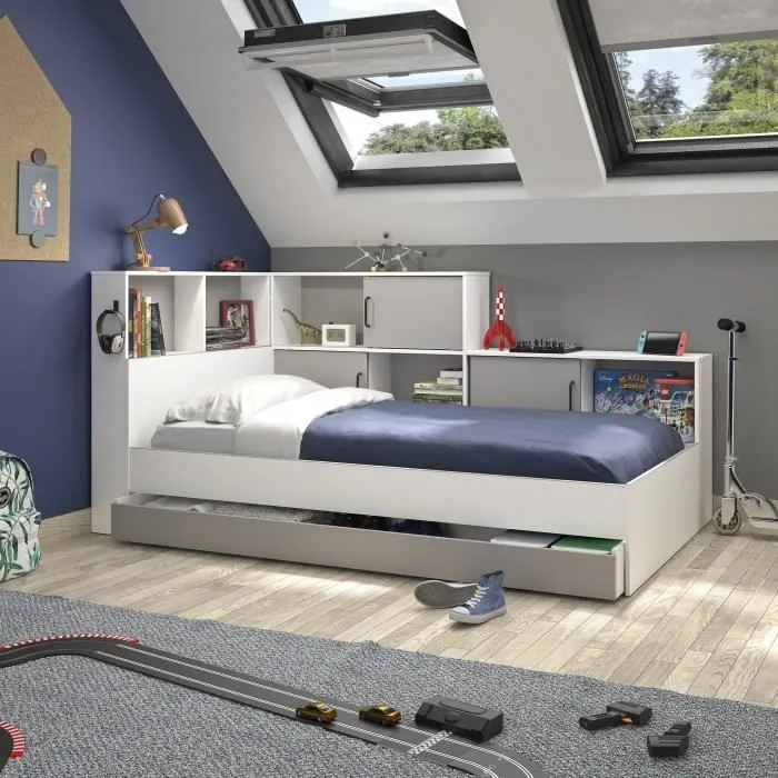 GAMI Erwan Lit enfant avec rangements - Décor blanc et gris- 90 x 200 cm-0