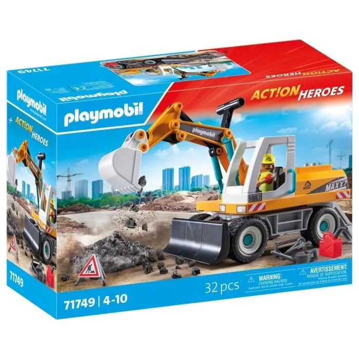PLAYMOBIL 71749 Pelleteuse mécanique et ouvrier, Action Heroes, La construction, 31 pièces, Dès 4 ans-0