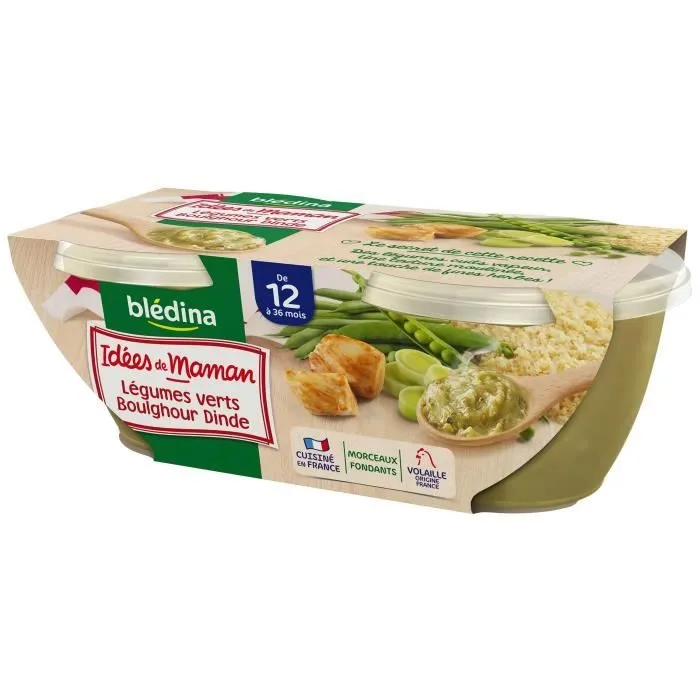BLEDINA Les idées de maman Légumes verts boulghour dinde - 2x200 g - Dès 12 mois-1