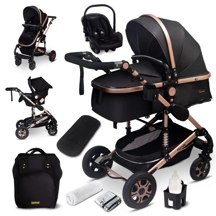 GaGaDumi Florida poussette 3 en 1 set complet avec siège auto -- Poussette combinée - pneus pleins - Sac à langer Noir / Or-0