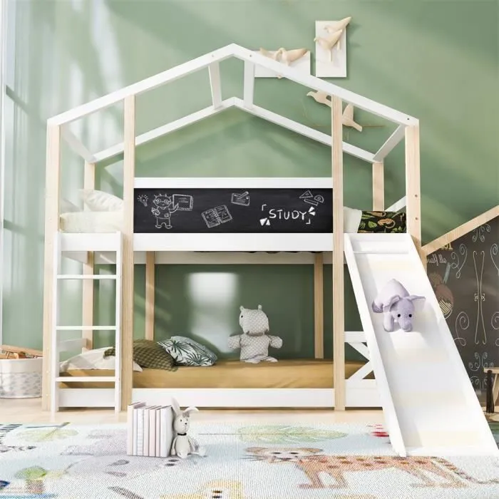 DRIPEX Lit Superposé Enfant 90x200cm avec toboggan,tableau noir et échelle,Lit cabane 2x sommier à lattes,Lit mezzanine Blanc,H205cm-0