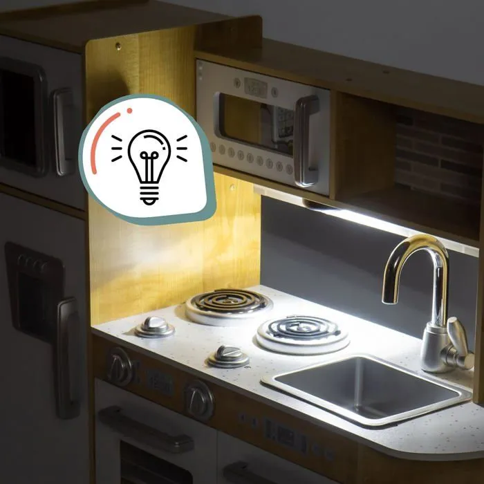 Mamabrum Cuisine Enfant En Bois Éclairage LED XXL 92 x 30 x 82,5 CM Ustensiles Tablier Frigo Micro-ondes Plaque Certifiée CE & EN-3