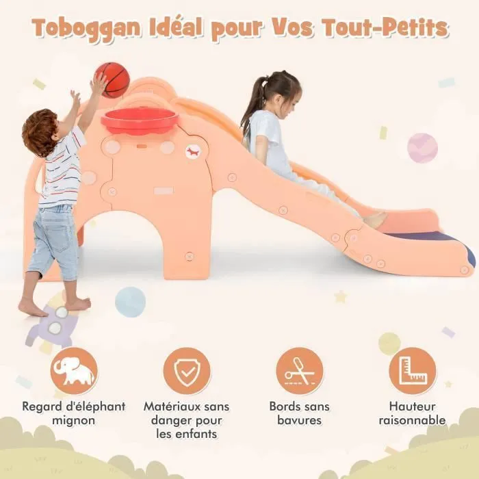 Toboggan 4 en 1 COSTWAY avec Panier de Basket, Ball, Escalade et pompe à ball - Jeu Intérieur-Extérieur Enfant dès 18 Mois Rose-1