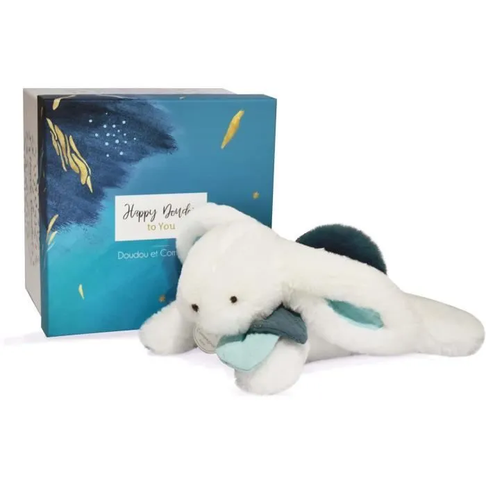 Doudou et Compagnie - Peluche Lapin - 25 cm - Lapin Pompon Blanc/Bleu Paon - Jolie Boîte Cadeau - Happy Pop - Happy Doudou To You-0
