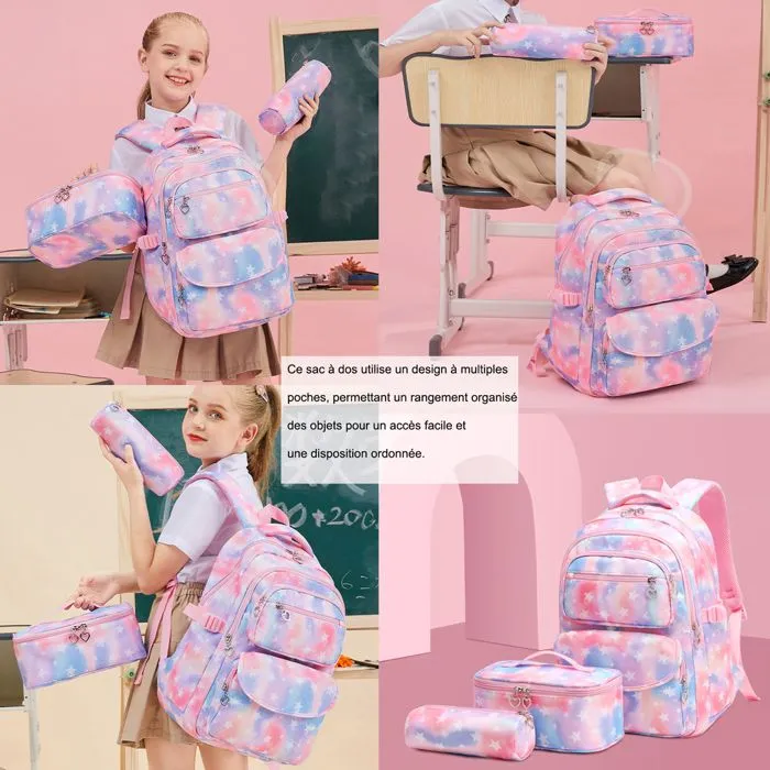 Cartable 3 en 1 sac d'école multifonctionnel imperméable avec pochette pour stylo et sac lunch sac convient aux adolescents cartable-3