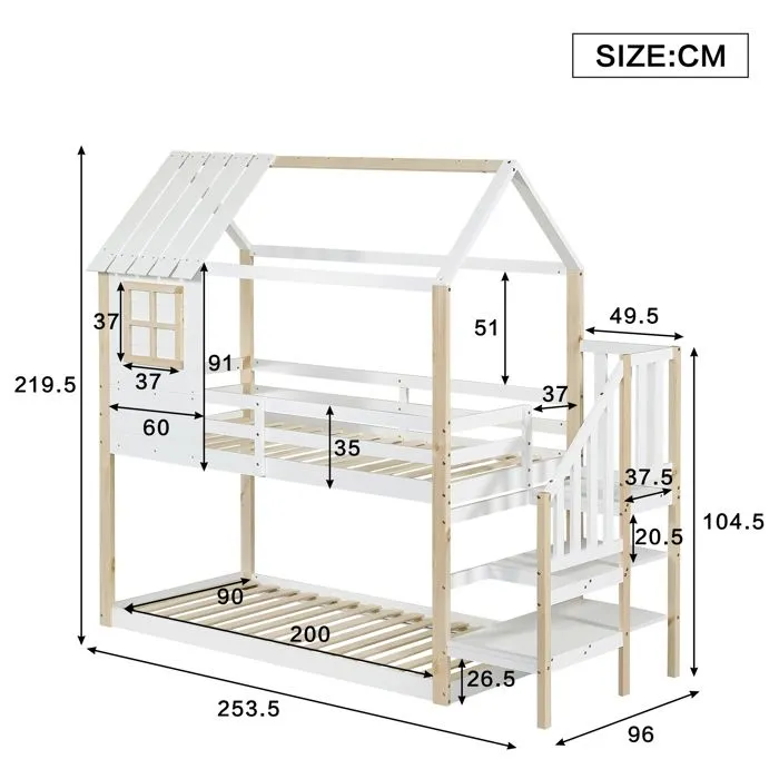 Lit superposé - Enfant - 90x200cm - Blanc + Naturel - Design avec fenêtre - Escalier d'angle-3
