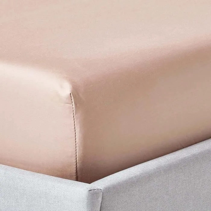 Drap housse 90x190 cm Bonnet 30 cm et jupe élastique 100% satin de coton égyptien 1000 fils Coloris Beige taupe-0