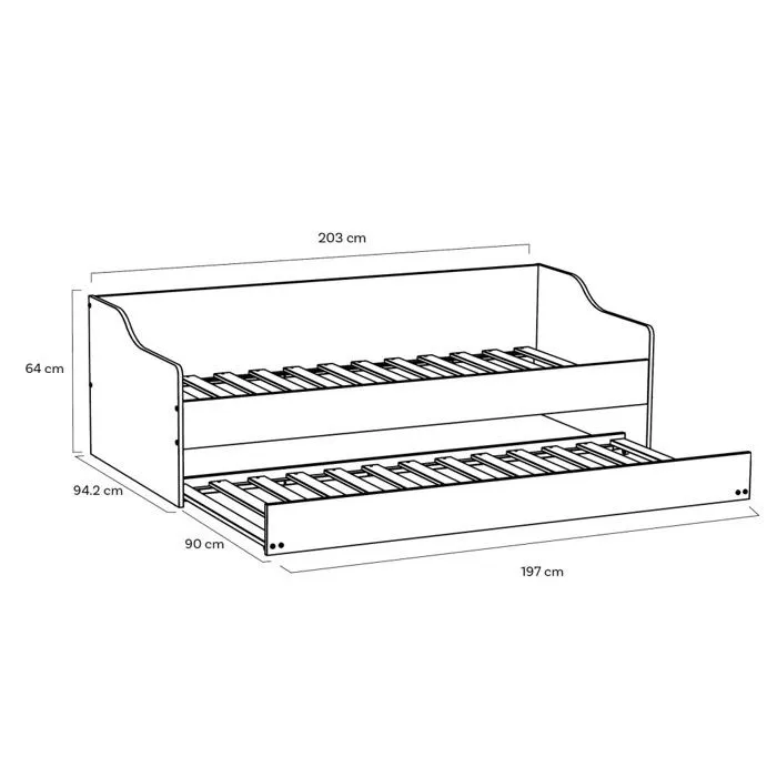 Lit gigogne SWEET 90x200 + 2 sommiers + 1 tiroir-lit/ Blanc-3