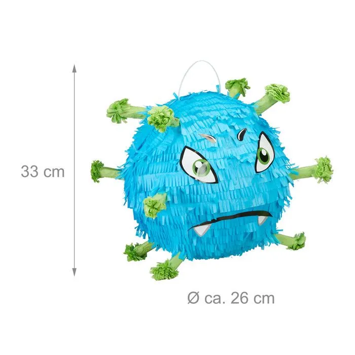 Relaxdays Piñata en forme de virus rigolo, à suspendre, remplissable, pour fille et garçon, anniversaire, bleu et vert-3