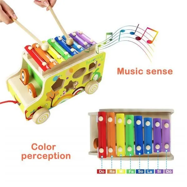 Bebe Enfant Bois Bus Jouet Enfant Jeux Construction Bois Xylophone Bebe 18 Mois avoir Forme Géométrique 8 ton Et Marteau en Bois-2
