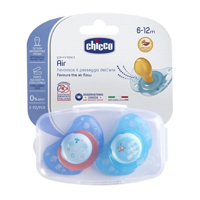 CHICCO Sucettes Physio Air Caoutchouc - Boîte stérilisable - x2 - Bleu - 6-12m-0