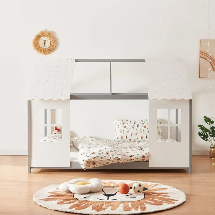 Lit cabane Tostedt pour enfant 120 x 200 cm avec matelas sommier à lattes bois de pin vert menthe blanc [en.casa]-2
