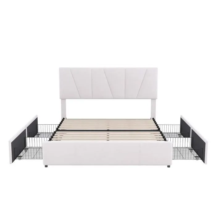 Lit adulte 160x200 cm, Lit capitonné avec 4 tiroirs, en velours, Tête de lit réglable, Beige-2