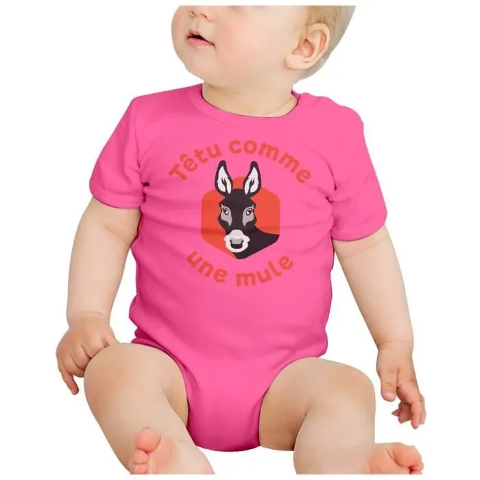 Body Bébé Manche Courte Rose Têtu Comme une Mule Expression Humour-1
