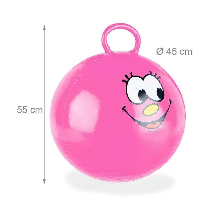 Relaxdays Ballon sauteur enfants, avec visage, poignée, diamètre 45 cm, intérieur et extérieur, jusqu’à 150 kg, rose-3