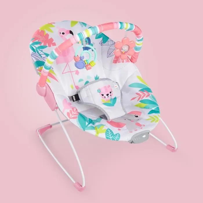 BRIGHT STARTS Transat bébé Flamant Rose, Vibrations apaisantes, Arche d'éveil avec jouets interactifs-8