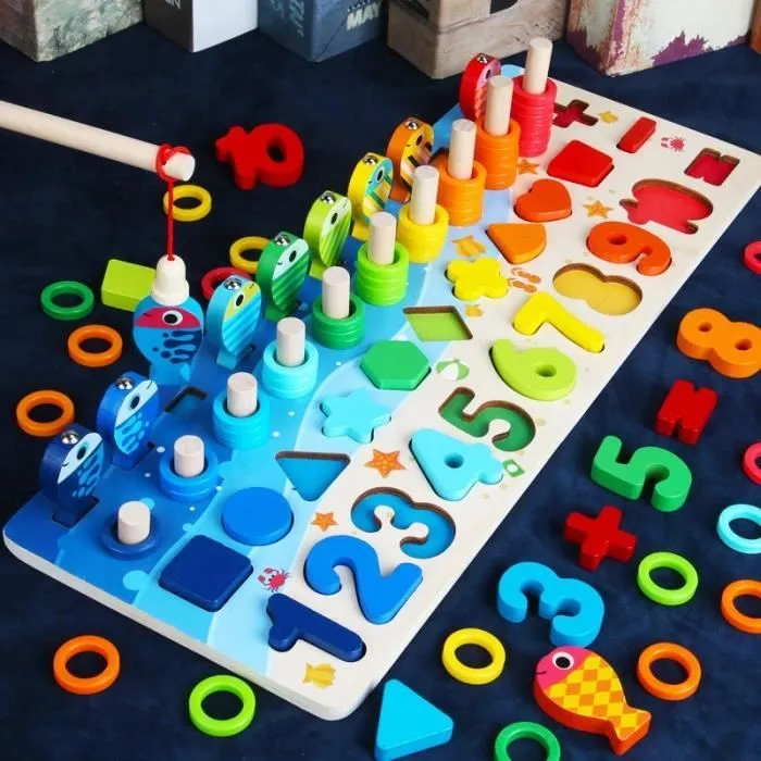 Jeux d'apprentissage,Montessori jouets éducatifs en bois enfants planche occupée maths pêche enfants en - Type Six in one board #D-1