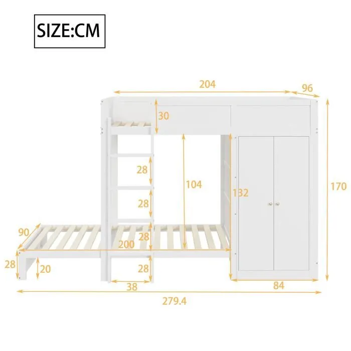 Lit superposé 90x200cm - Blanc - Armoire intégrée - 2 places - Escalier de sécurité - Bois de pin-4