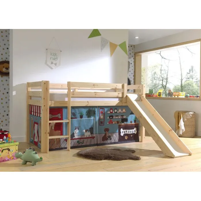 Lit Enfant Surélevé Avec Toboggan "Pino Pet Shop" 90x200cm Naturel-1
