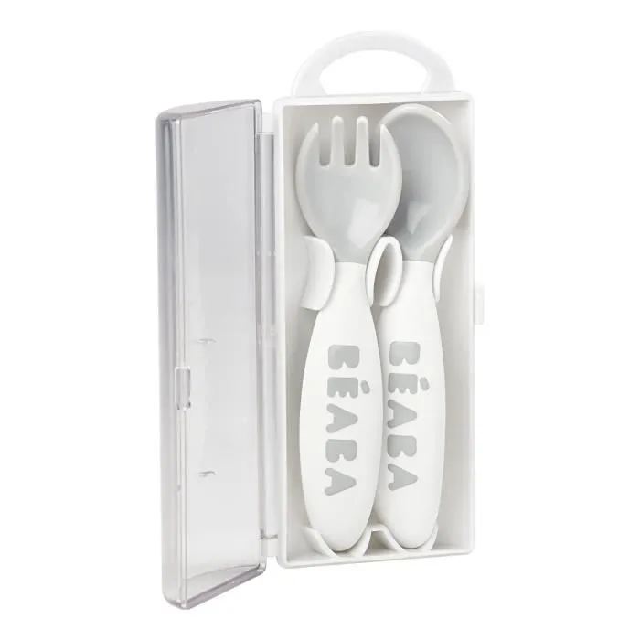 Cuillère d'apprentissage 2ème âge BEABA - Set de 2 couverts ergonomiques - Light Mist-1