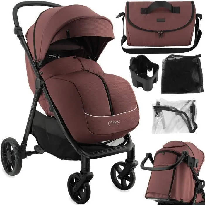 MoMi CLARA Poussette - De 0 mois à 22 kg - Kit d'accessoires – Sac - Barre de sécurité rotative - Poignée réglable – Bordeaux-0