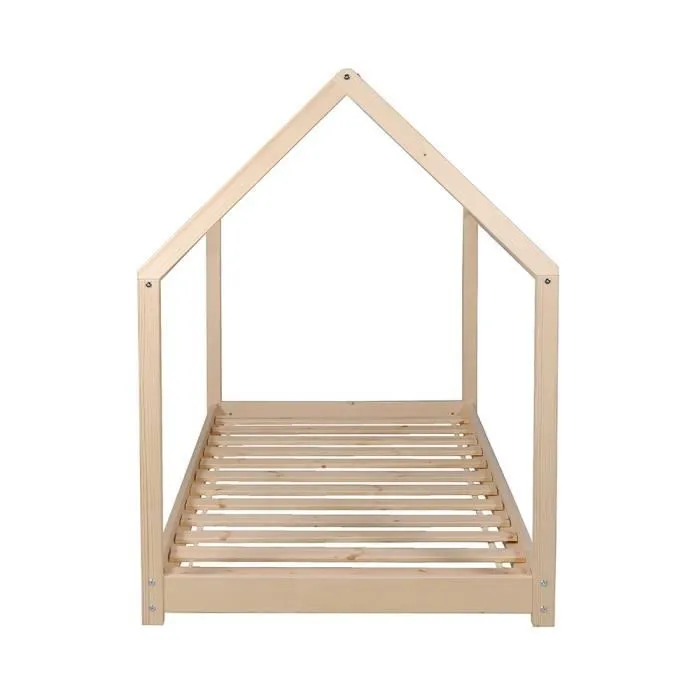 Lit cabane PANDA 90x190 + 1 sommier + matelas IRIS / Naturel 195x134x97 cm-3