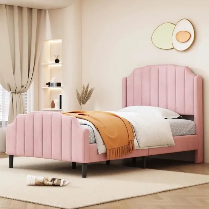 ModernLuxe Lit enfant 90x200cm - lit simple avec sommier à lattes - tissu en velours - rose-2