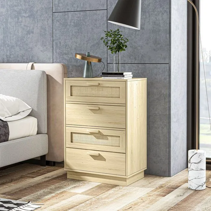 Commode design bohème en rotin - HOMCOM - 4 tiroirs - meuble de rangement - bois naturel-2