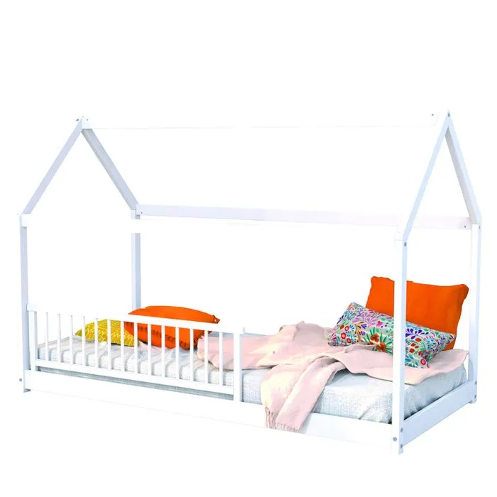 Lit cabane 90x190 barrière de lit amovible et sommier inclus Panda - Blanc-1