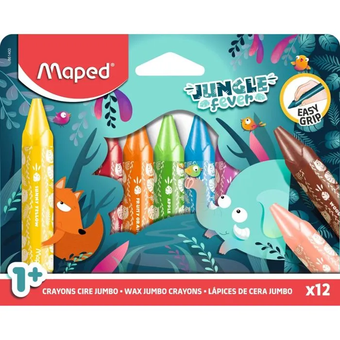 Crayons de Cire - Maped - Jungle Fever - 12 Crayons - Couleurs Éclatantes - Protection en Papier-0