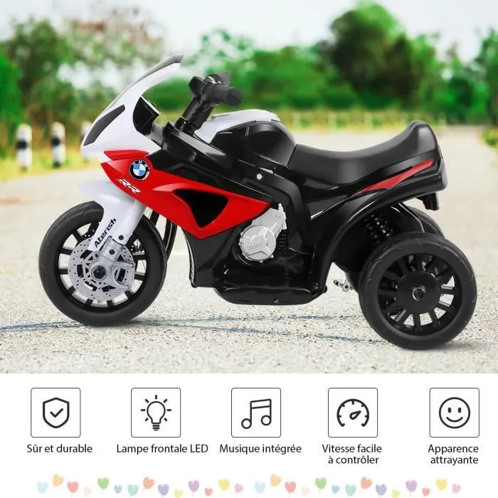 COSTWAY BMW Moto Electrique pour Enfants 6V/4Ah,3 Km/h avec Phare, Musiques 3 Roues 1,5-3 Ans Rouge-2