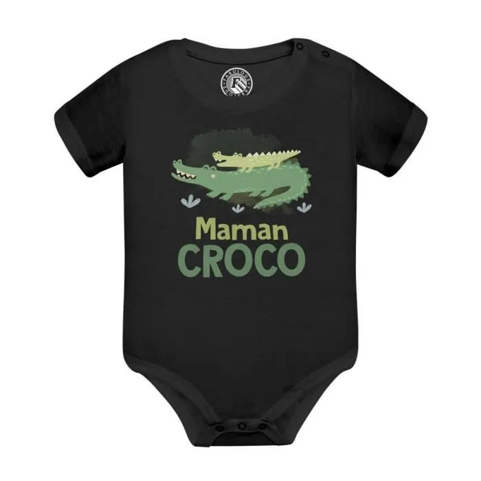 Body Bébé Manche Courte Noir Maman Croco et son Bébé Crocodile Dessin Illustration-0