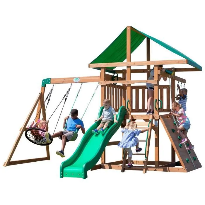 Backyard Discovery - Maisonnette en bois avec Balancoires, Toboggan, Mur d'Escalade-0