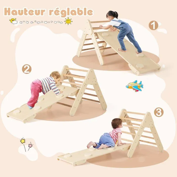 7 en 1 Triangle d'Escalade COSTWAY avec Toboggan/Arche/Rampe - Échelle Réglable, Charge 50KG, pour Bébé 1 Ans+ Naturel-3