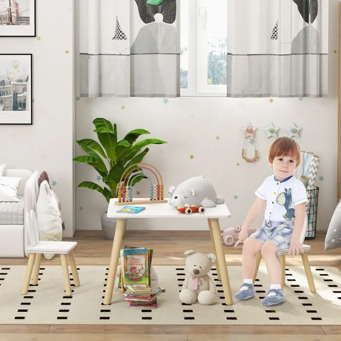 Ensemble table et 2 chaises enfant - AIYAPLAY - design scandinave motif oreille de lapin bois pin blanc-1