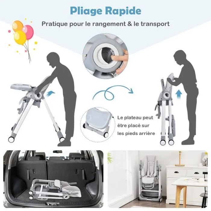 COSTWAY Chaise Haute Bébé Pliante-à Roulettes-Frein en une Etape-Doubles Plateaux Amovibles-Hauteur Réglable-Accoudoirs Rabattables-3