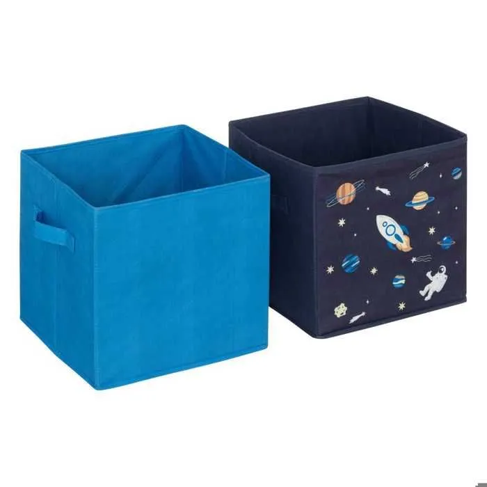 Atmosphera Kids - Lot de 2 boites de rangement Espace en tissu - 29x29x29cm - Bleu-0
