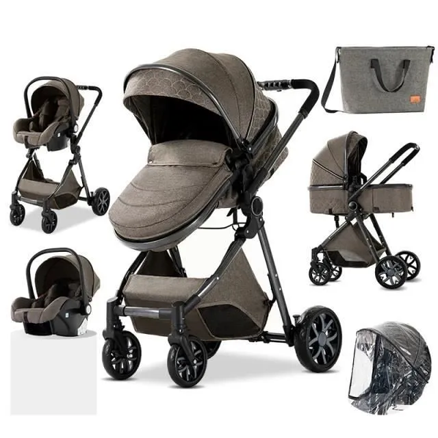 Bebeboutik Poussette 3 en 1 Bebe Combinee Siege Auto Landau Nacelle Reglable Sac a Langer Haute Qualite Poussette Canne Chocolat